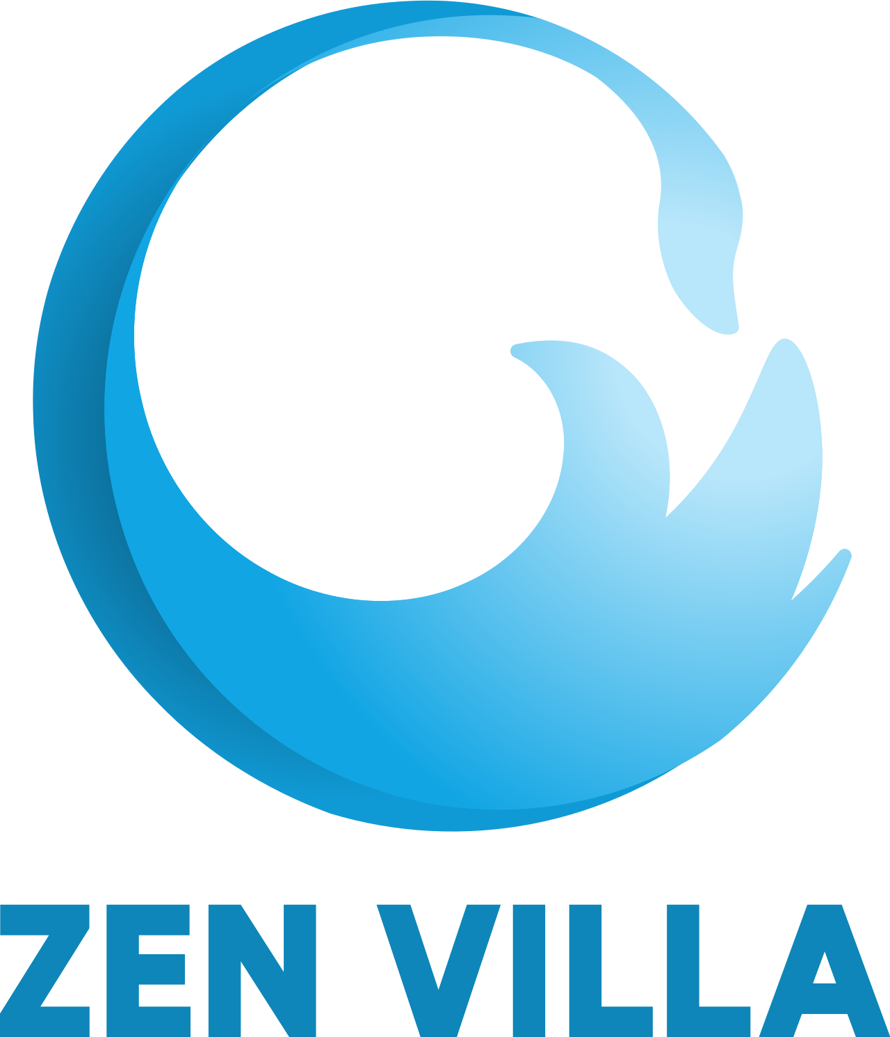 Blue logo: stylized swan within a curved wave, with 