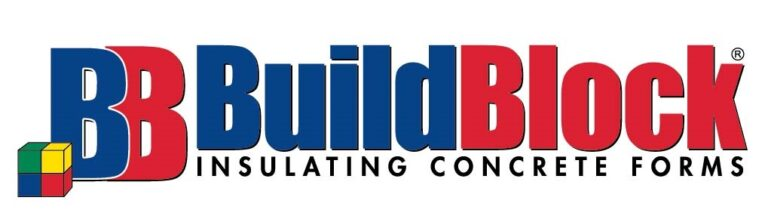 Logo for BB BuildBlock insulating concrete forms. Blue and red letters, colorful cube graphic.