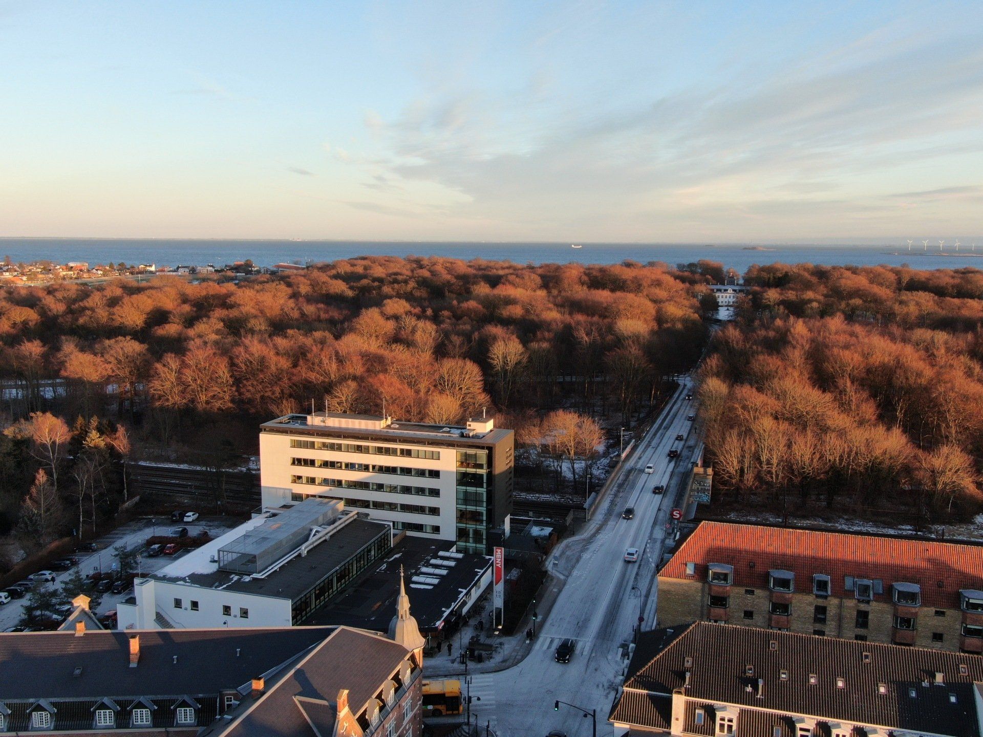 Stadsbyggnader och en väg leder mot en skog och havet under en blå himmel.
