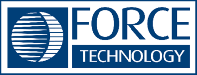 Logotyp för Force Technology, med en stiliserad jordglobgrafik och text.