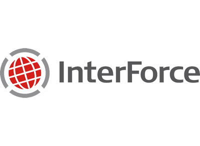 InterForce-logotypen: röd jordglob inom grå cirklar, till vänster om den grå texten