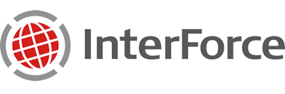 InterForces logotyp: En röd jordglob inom en grå cirkel, med ordet