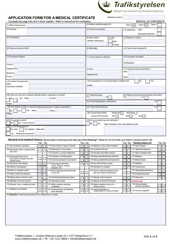 Ansökningsblankett för läkarintyg med kryssrutor och fält för personlig och medicinsk information.