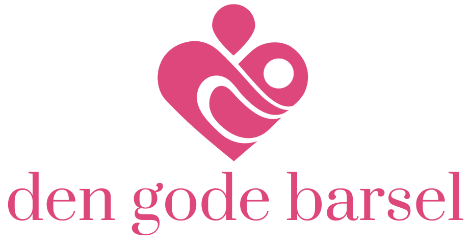 Rosa hjärtformad logotyp med en abstrakt design som symboliserar en mor och ett barn, och texten: