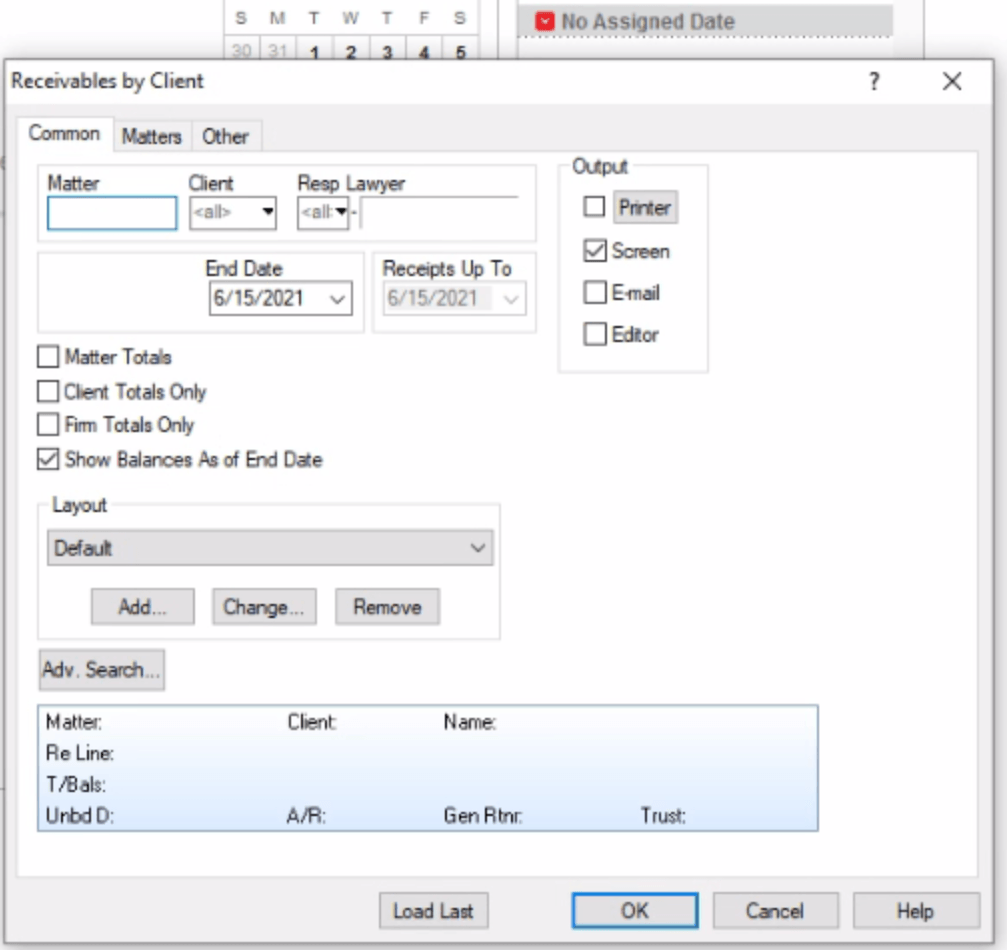 Account receivables by client in PC Law Software program.