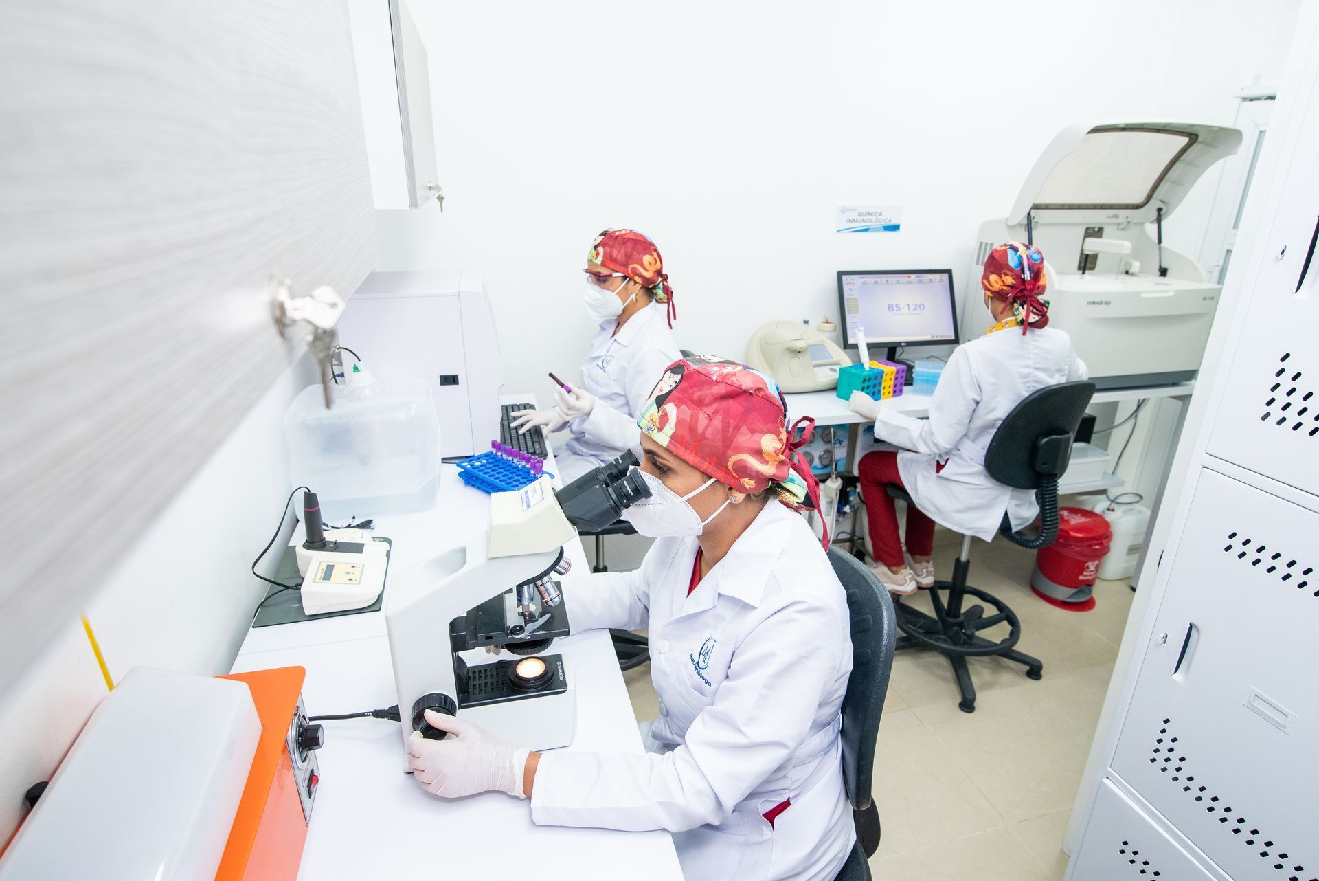 Un grupo de mujeres está trabajando en un laboratorio mirando a través de un microscopio.