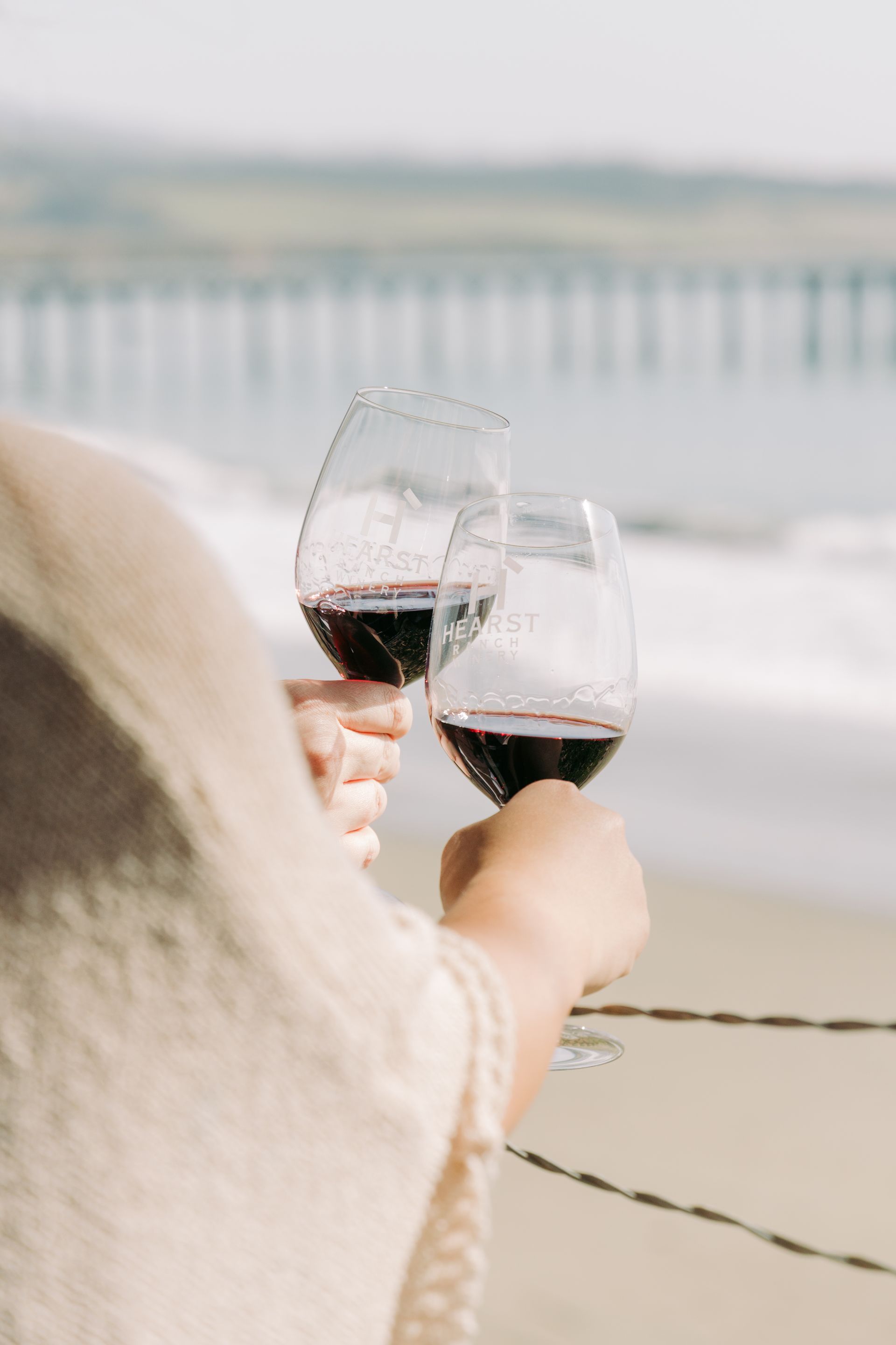 Two people clink red wine glasses by a beach with a pier in the background