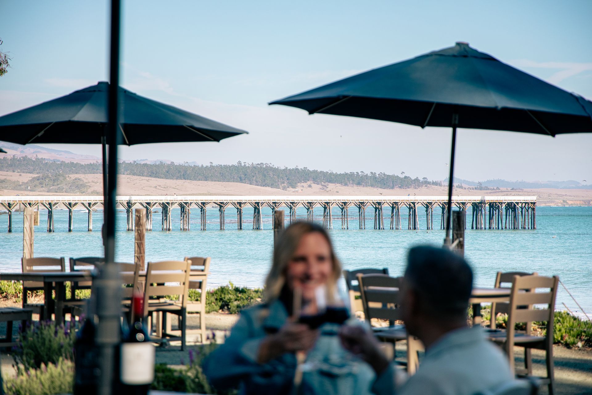 Two hands hold champagne bottles and glasses at a sunny beach celebration with a pier in the background