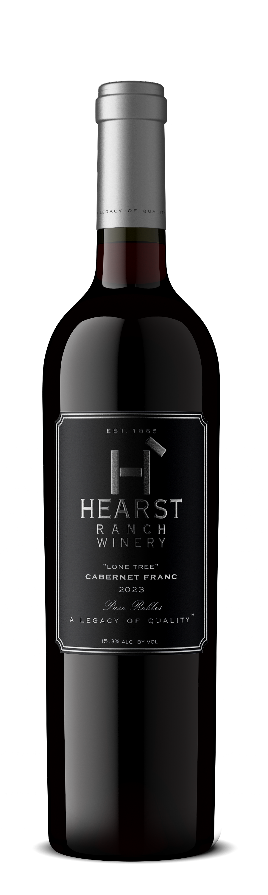 A dark red wine bottle with a gray cap and black label on a white background