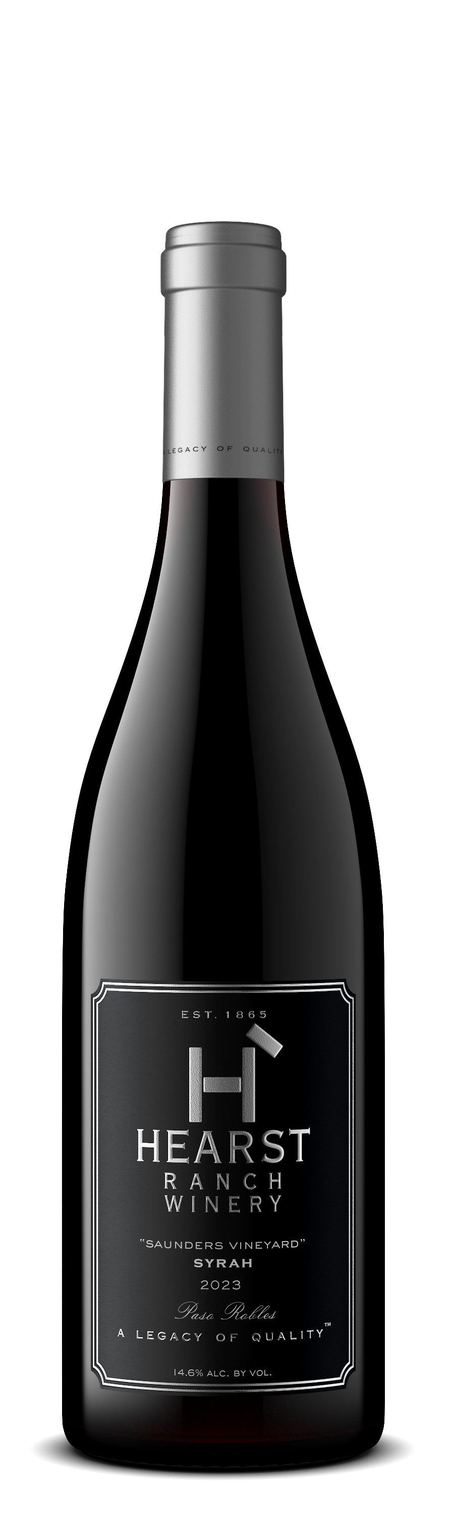 Dark wine bottle with a black label and silver cap on a white background