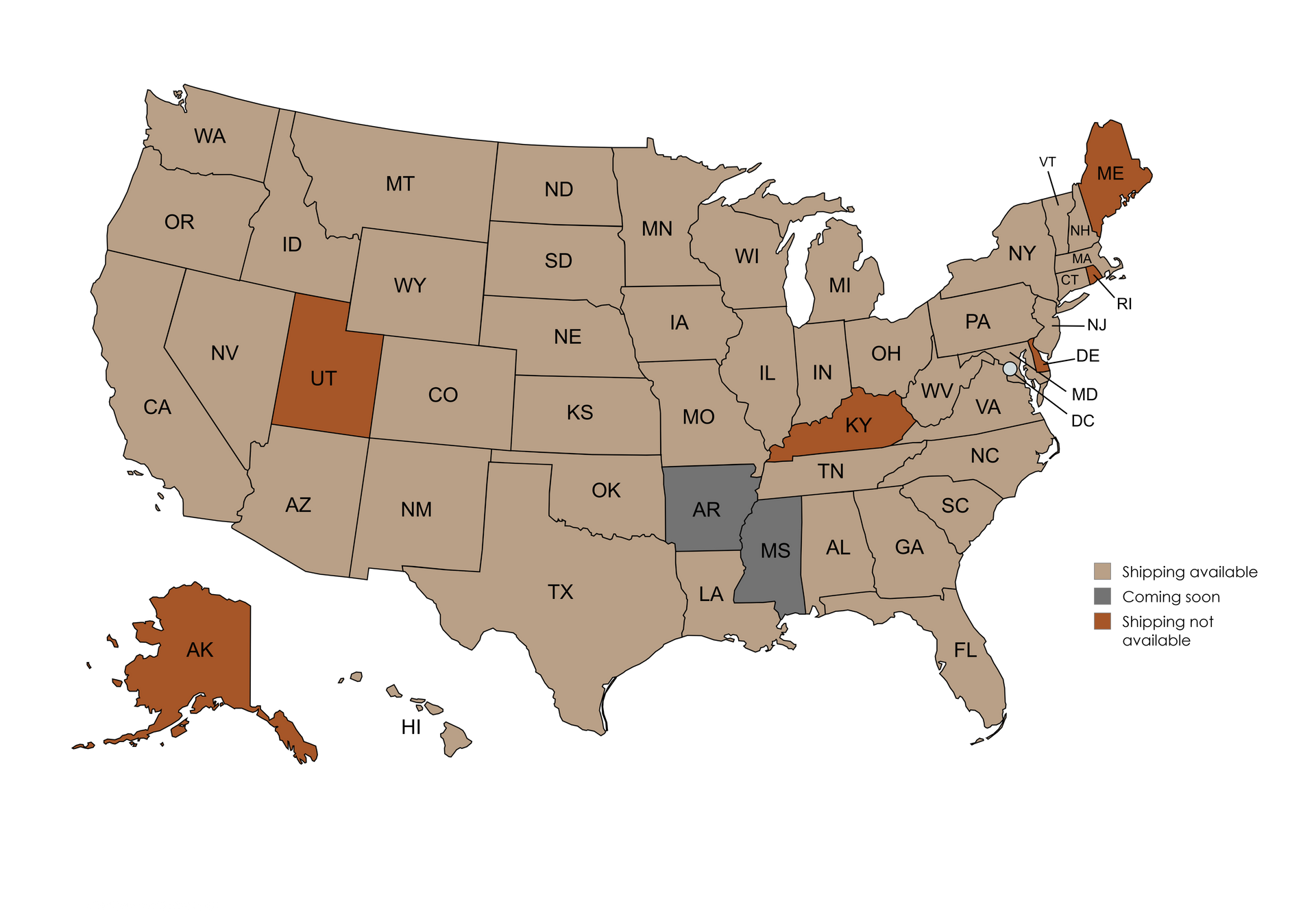 U.S. map with selected states highlighted in orange and blue, showing a regional distribution pattern