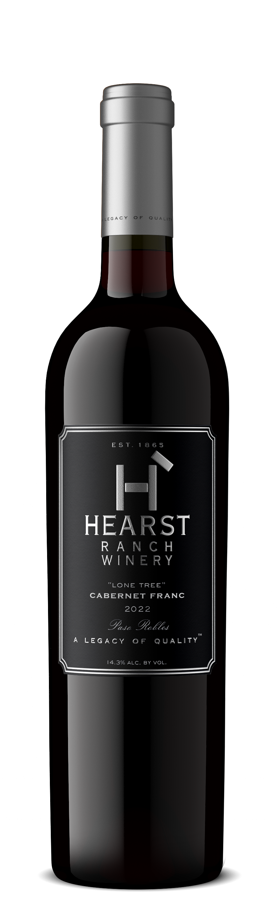 Bottle of Heart wine with a dark label and silver cap on a white background