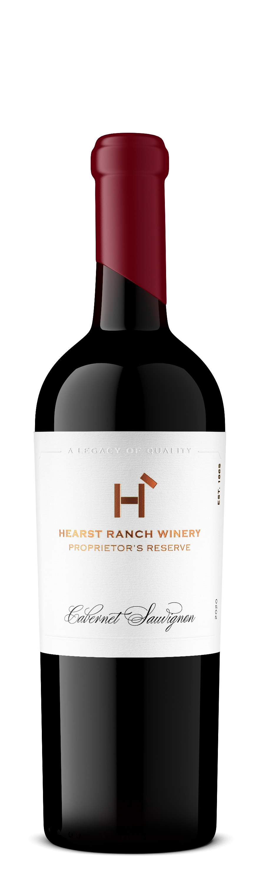 Dark red wine bottle with a cream label and burgundy neck on a white background