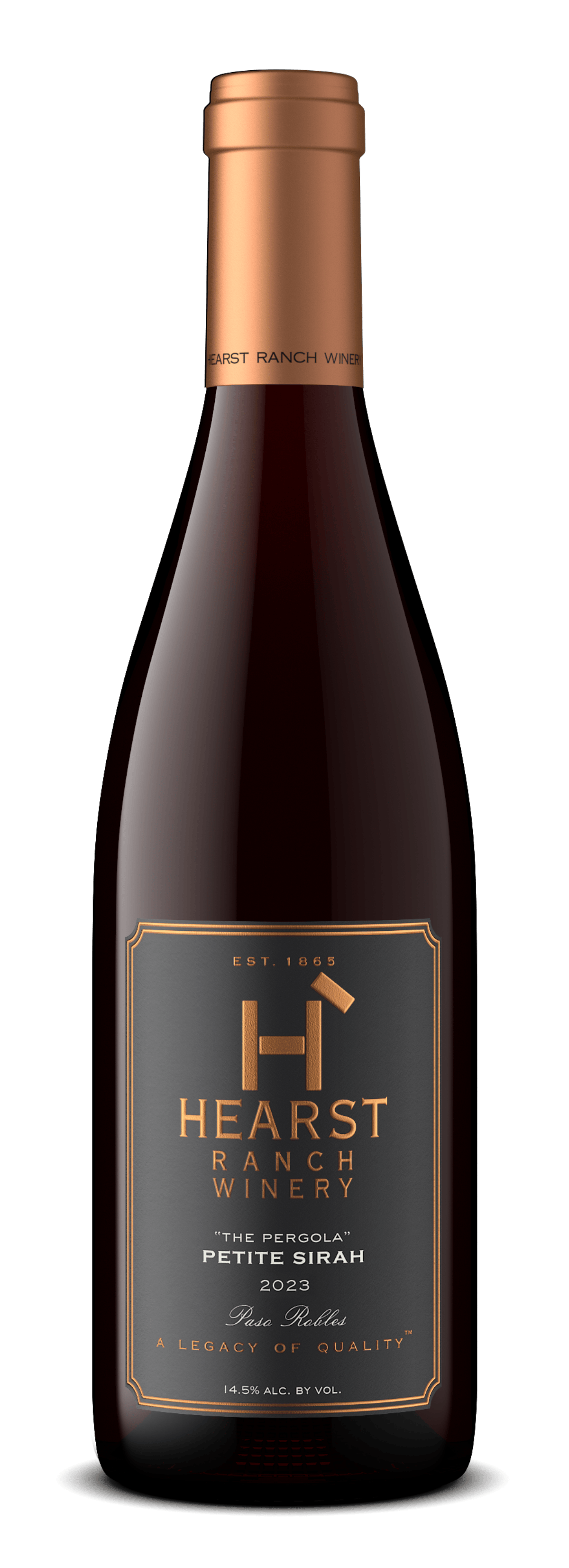 Dark wine bottle with copper cap and label reading “HEARST”