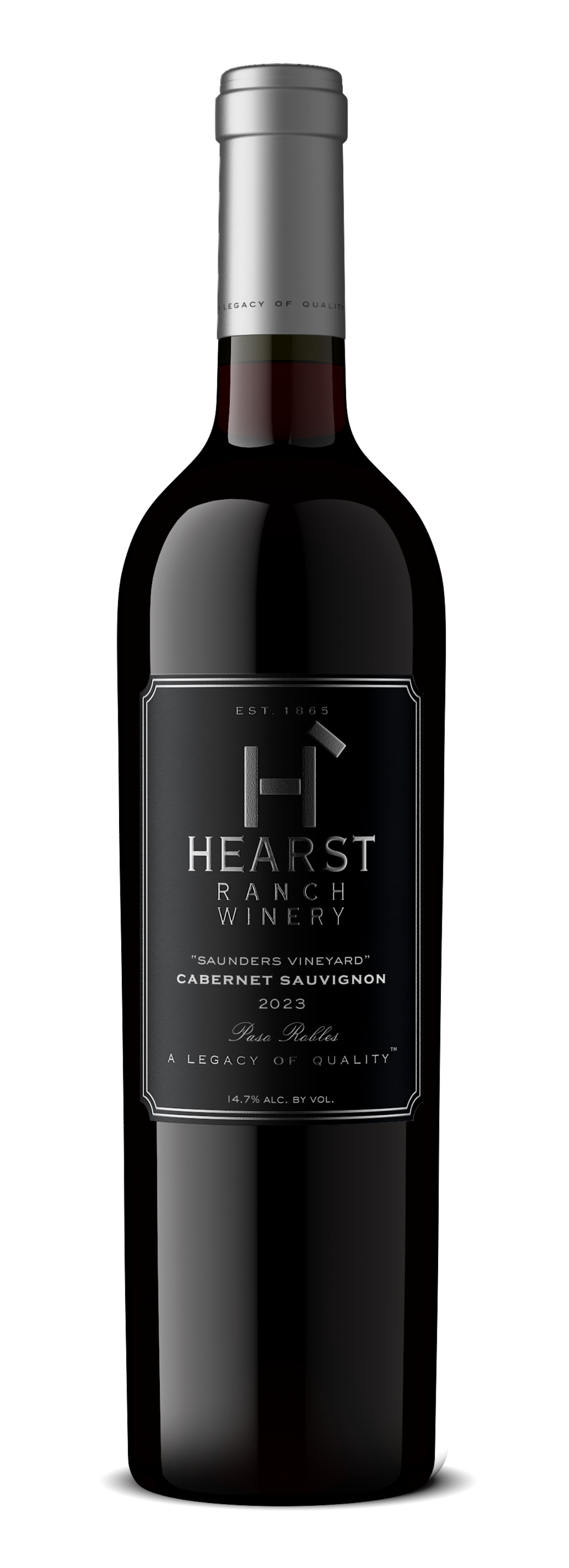 A dark wine bottle with a silver cap and black label on a white background