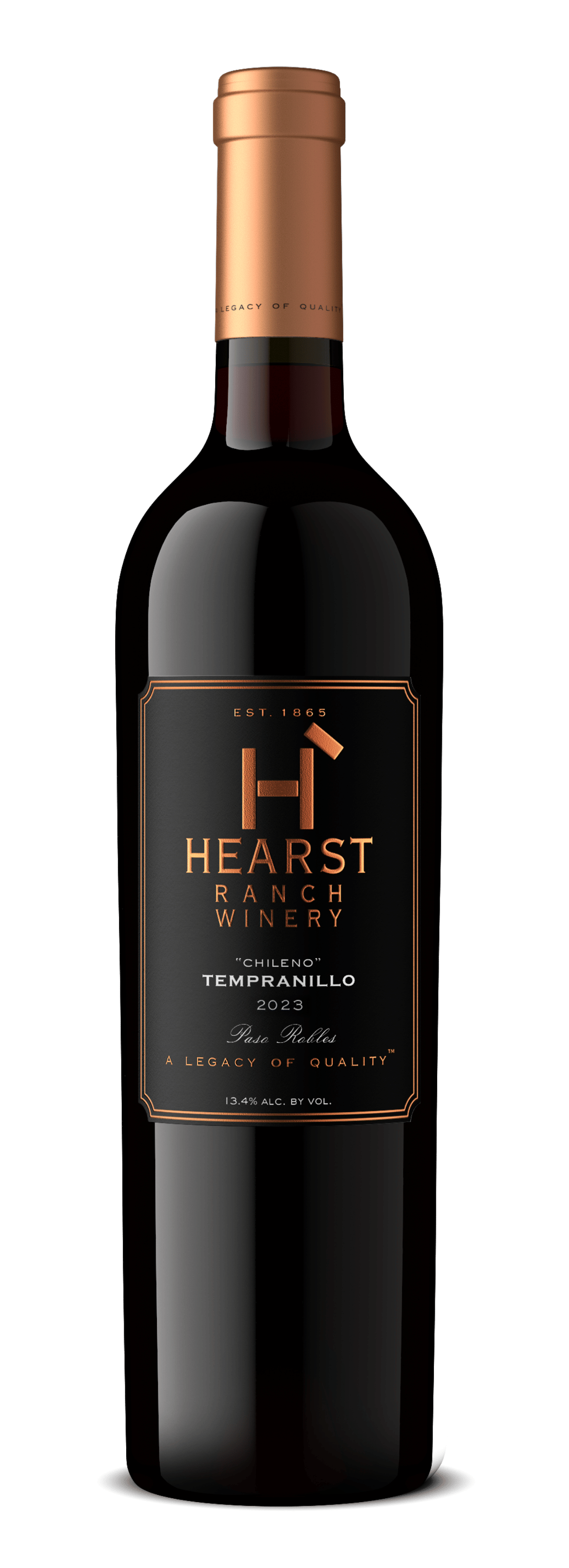 Bottle of Hearst Cabernet Sauvignon wine with dark label and gold cap on white background
