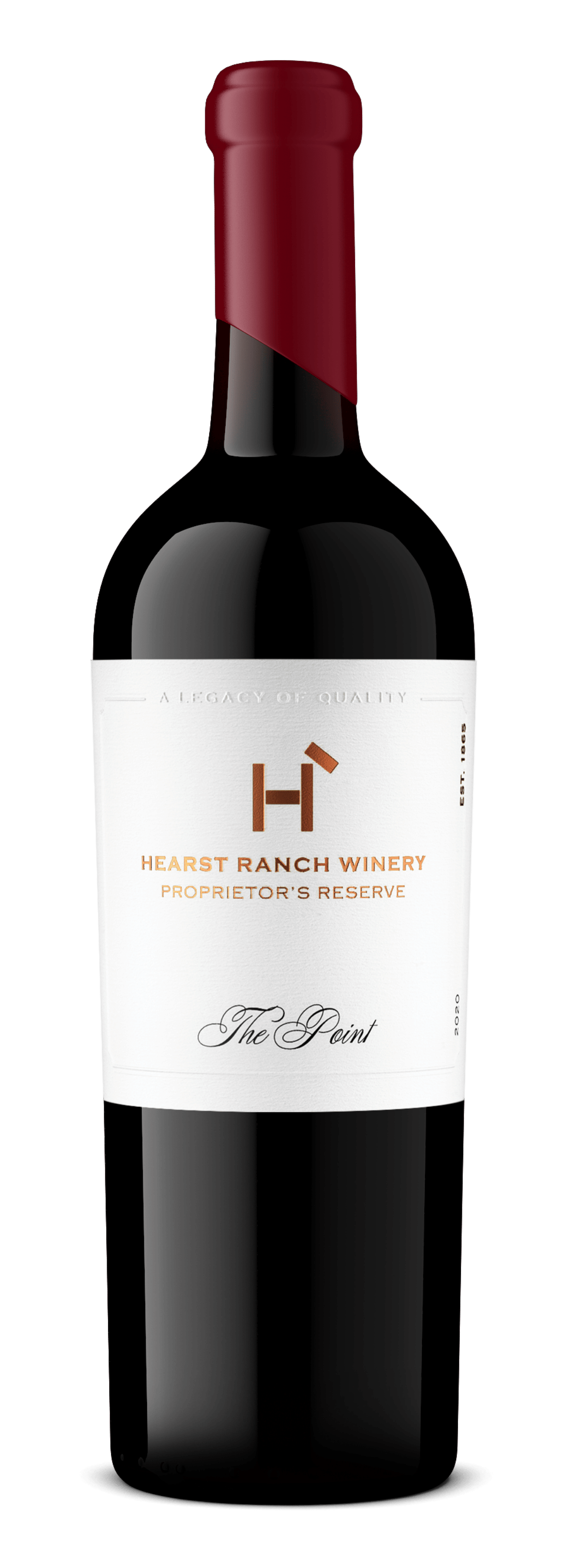 Bottle of red wine with a burgundy cap and white label on a plain background