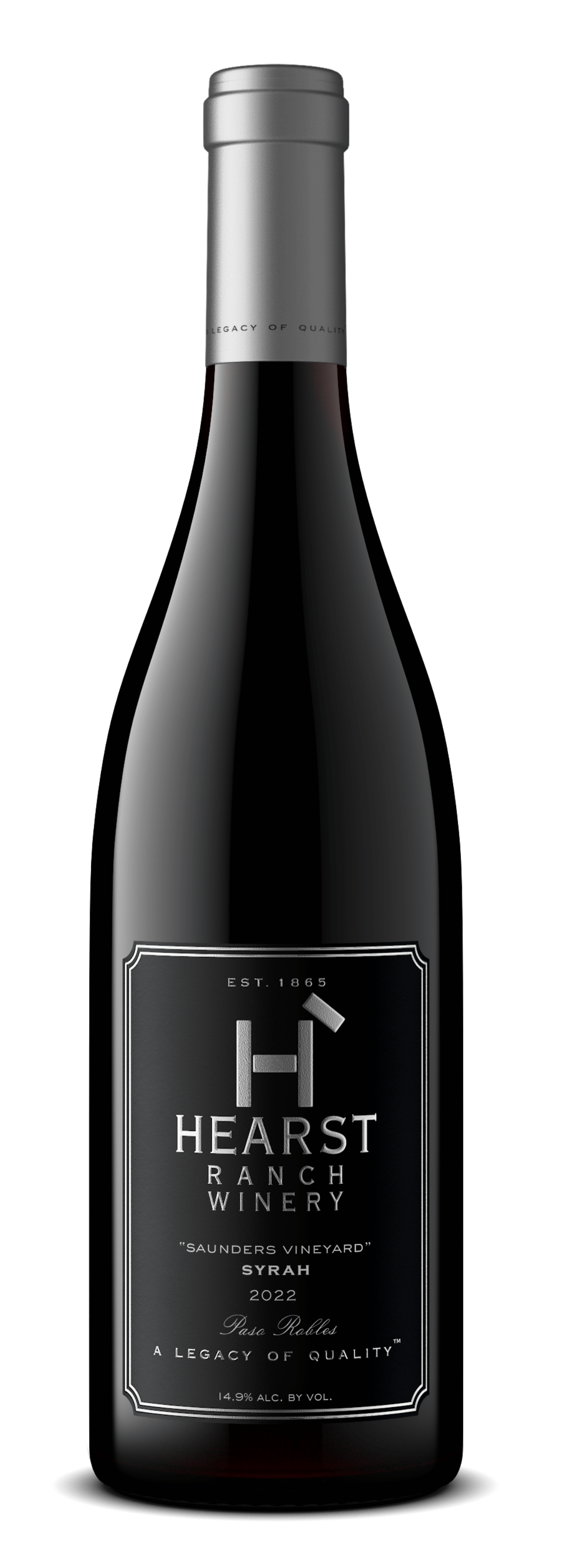 Black wine bottle with silver label and cap reading “Hearst Ranch Winery.”