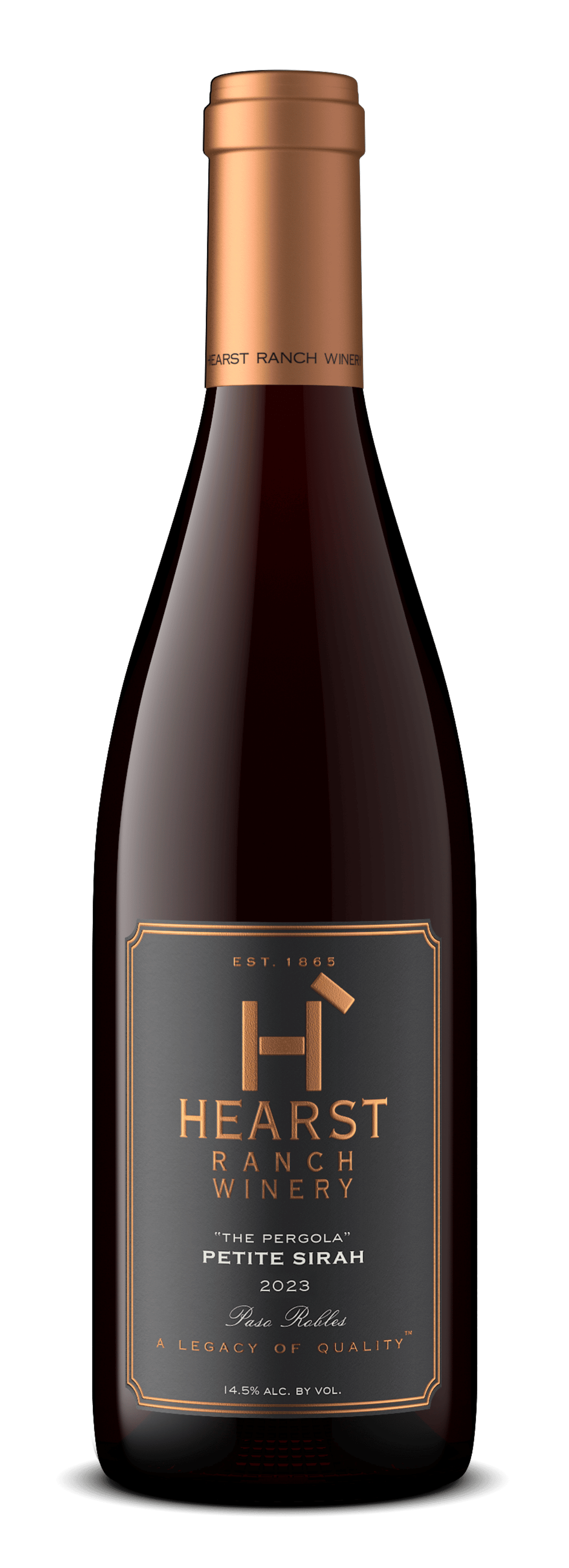 Dark wine bottle with copper cap and label reading “HEART,” isolated on white background