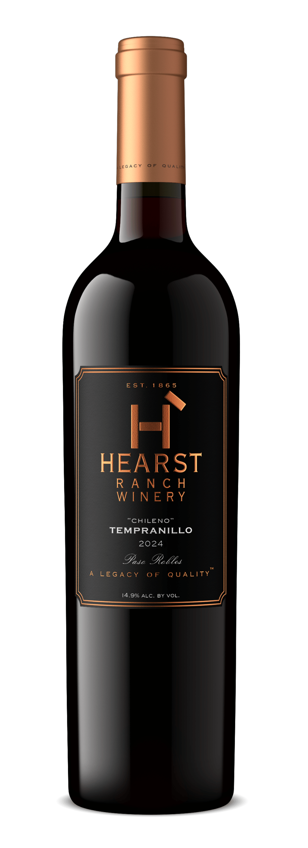 Black wine bottle with silver cap and “HEARST” label on a white background
