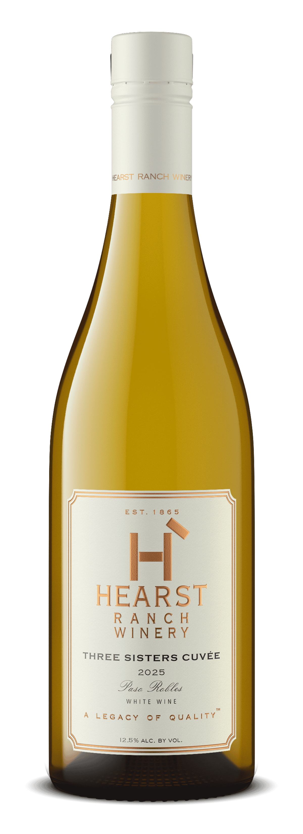 Bottle of Hestan white wine with a cream label on a white background