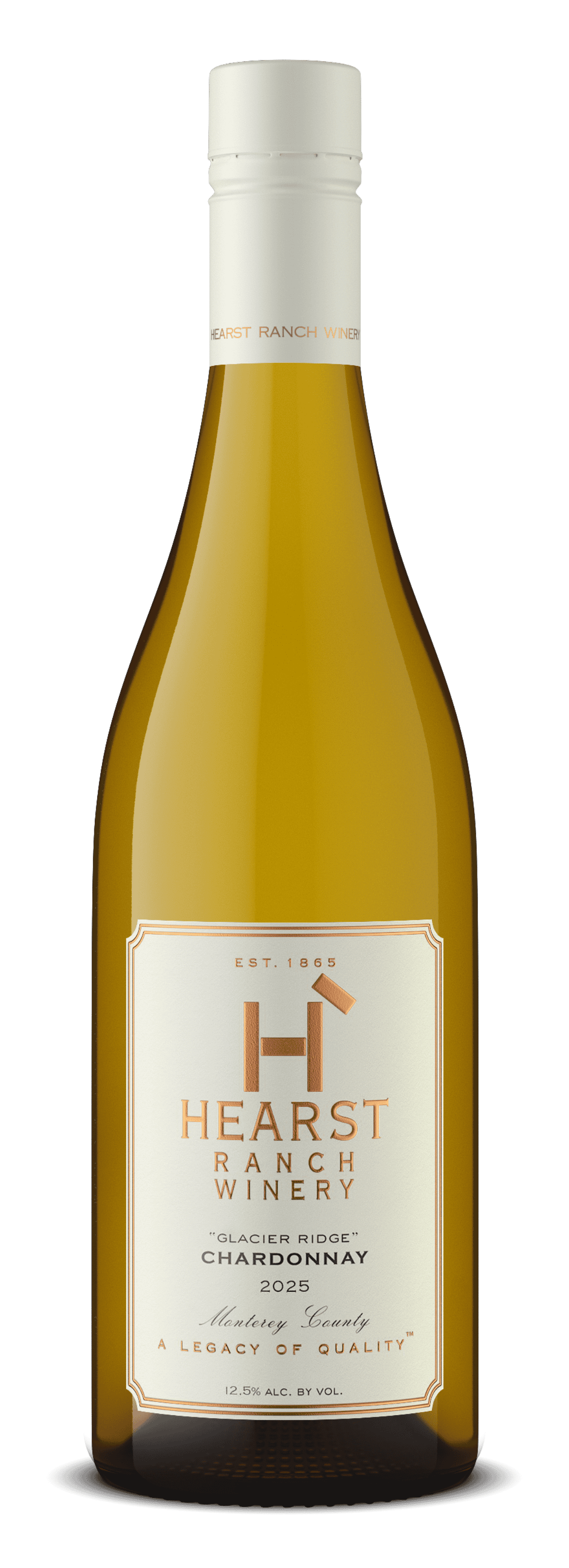 Bottle of pale pink rosé wine with a white label and silver cap on a white background