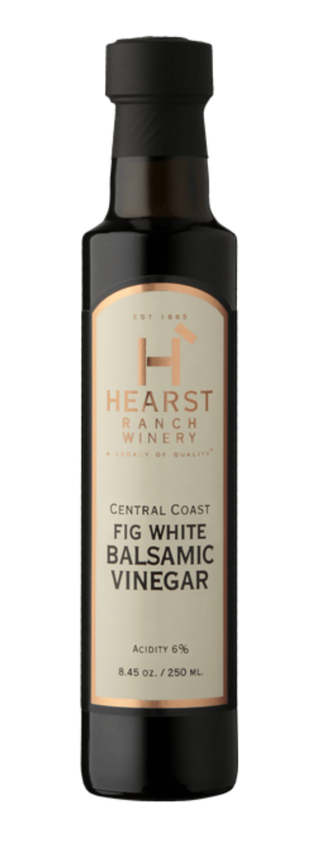 Bottle of Hearst Ranch fig white balsamic vinegar with black cap and tan label