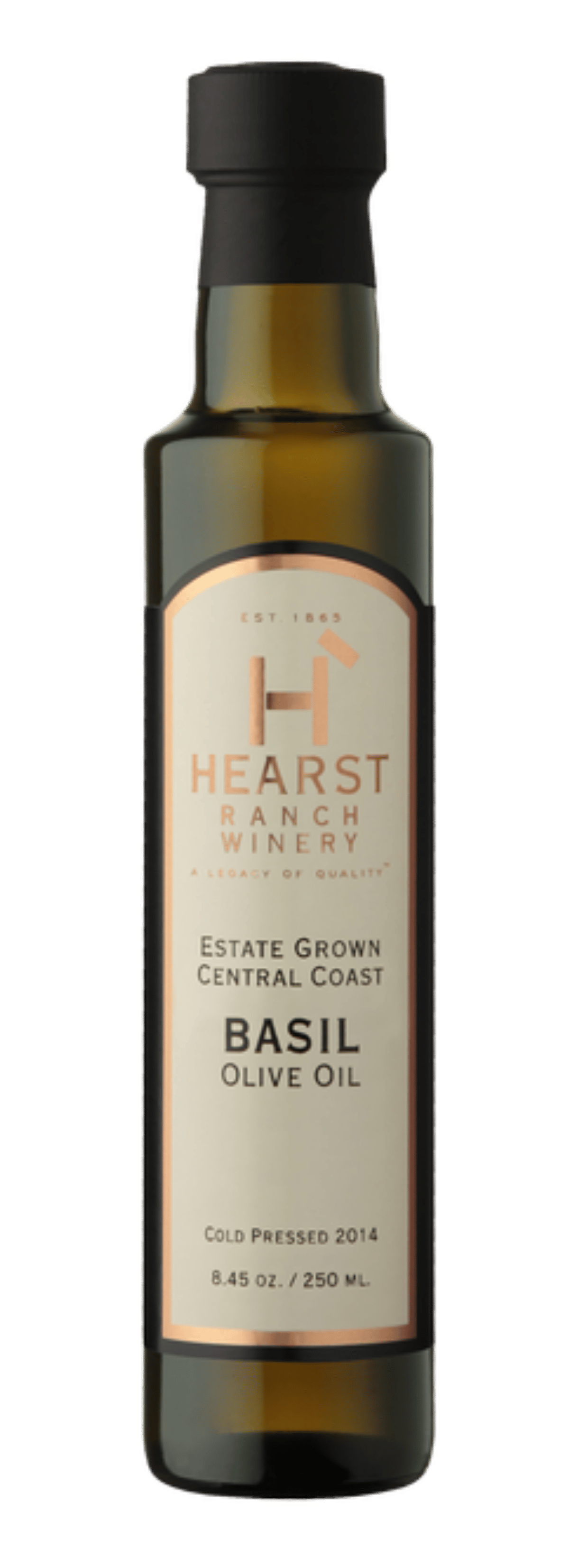 Bottle of Heart & Harvest Basil olive oil with black cap and beige label on white background