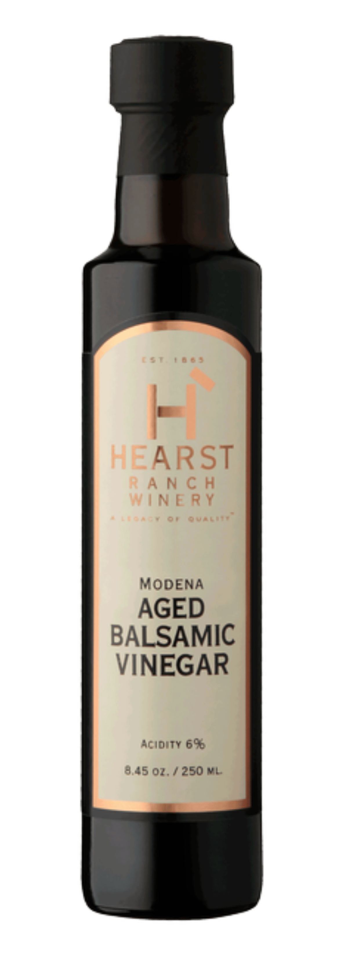 Bottle of Hearst Farms modern aged balsamic vinegar with black cap and cream label