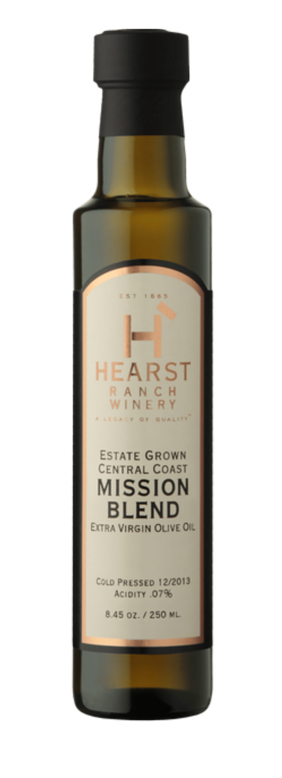 Bottle of Hearst Ranch Mission Blend olive oil with amber glass and dark cap on white background
