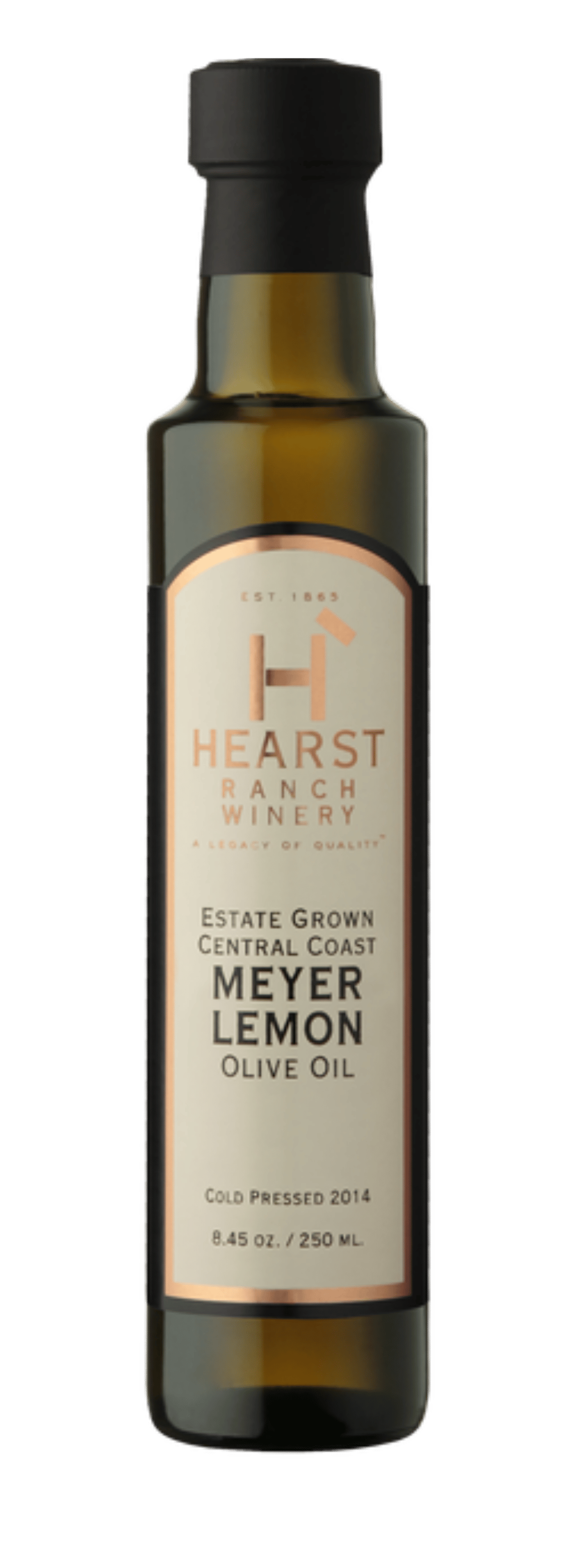 Bottle of Hearst olive oil, Meyer lemon flavor, with black cap and amber glass label.