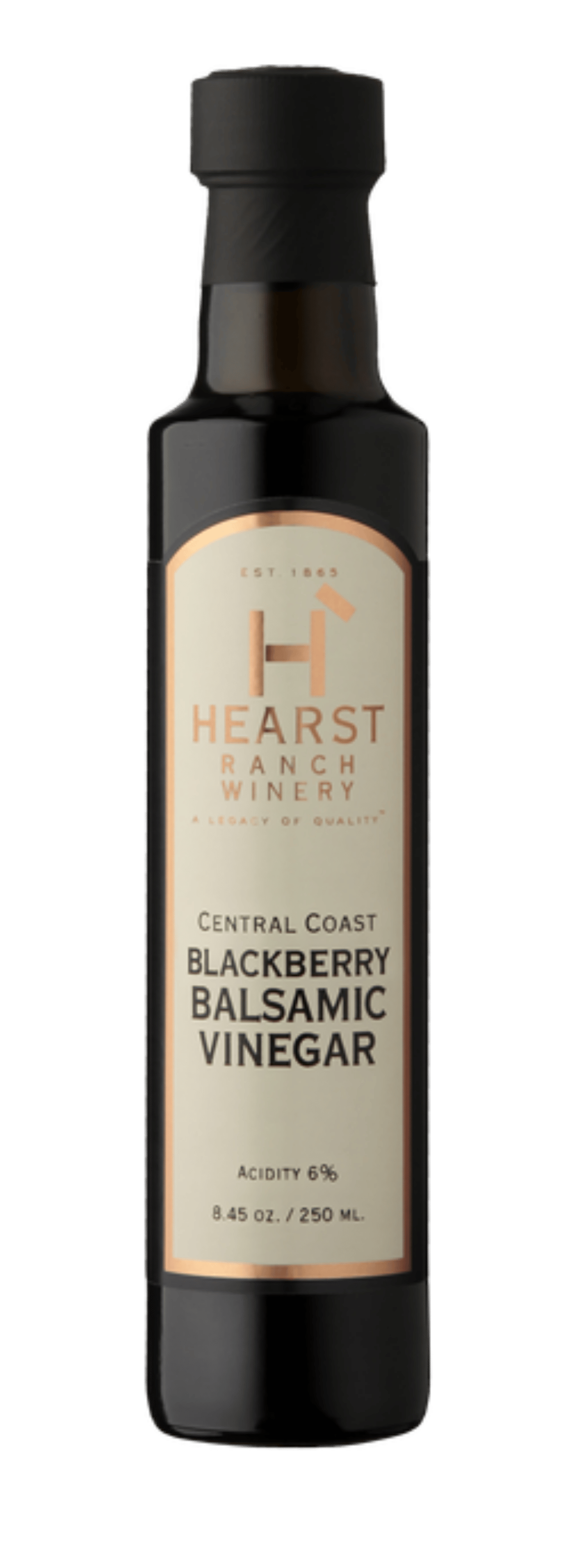Bottle of Hearst Ranch black cherry balsamic vinegar with black cap and beige label