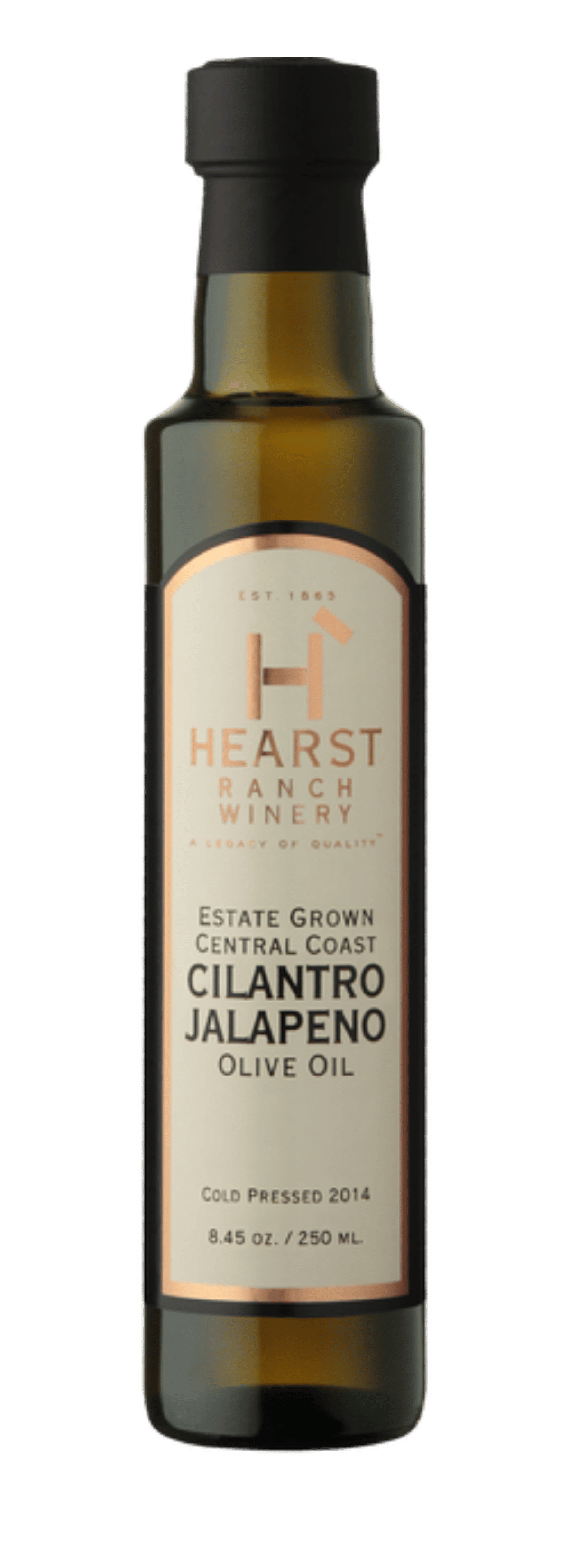 Bottle of Hearst Ranch Chardonnay Jalapeño Olive Oil with a beige label and black cap