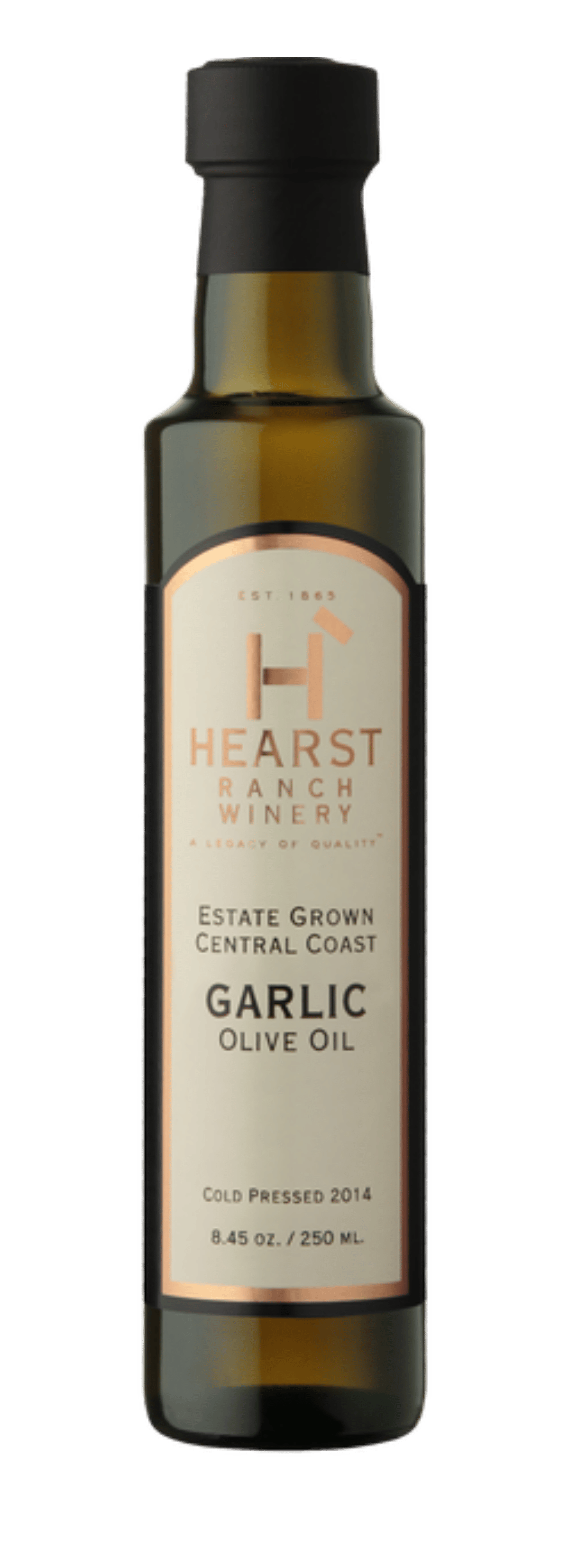 Bottle of Hearst Ranch garlic olive oil with a black cap and tan label.