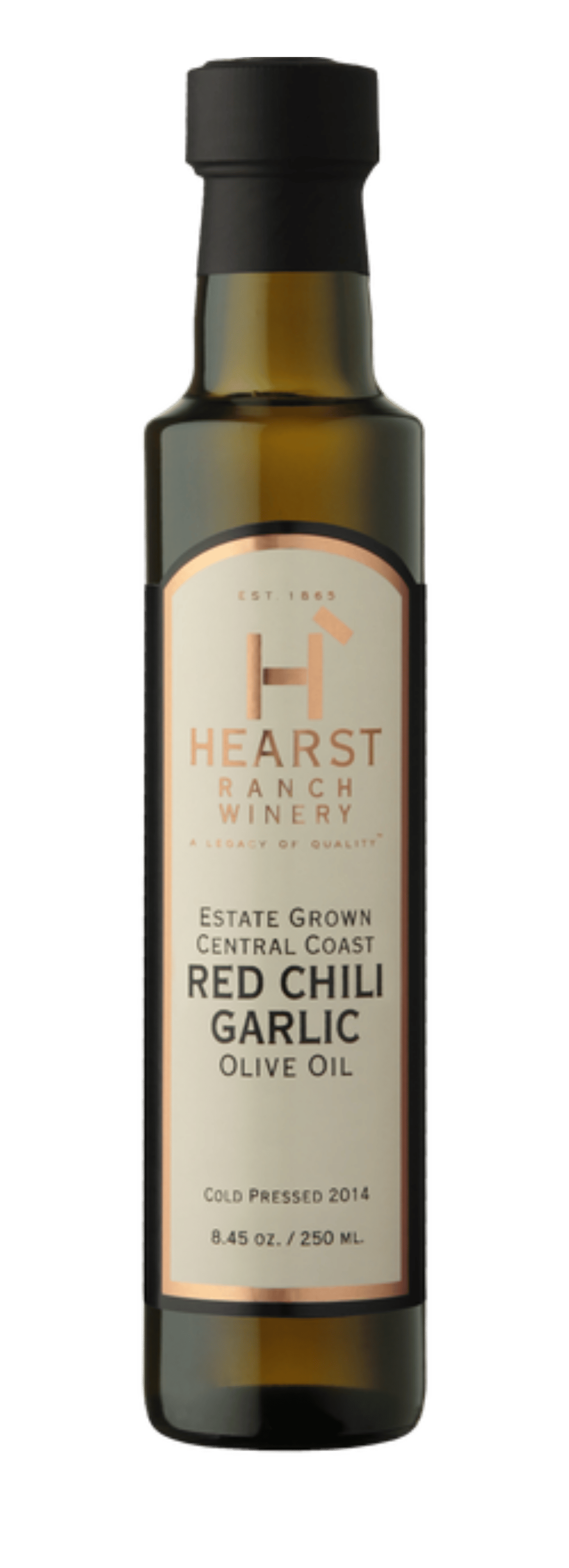 Bottle of Hearst Ranch red chili garlic olive oil with a black cap and tan label.
