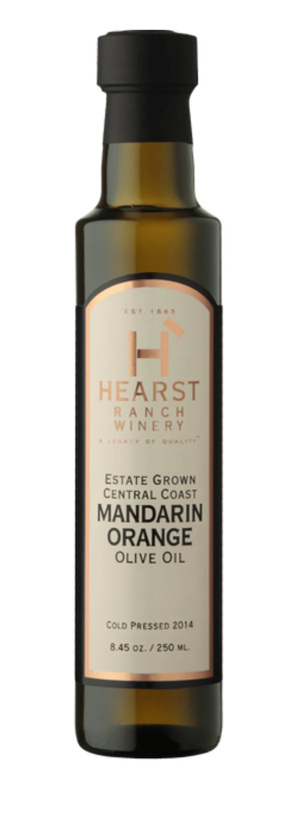 Bottle of Hearst Ranch extra virgin olive oil, Mandarin Orange flavor, with black cap on white background