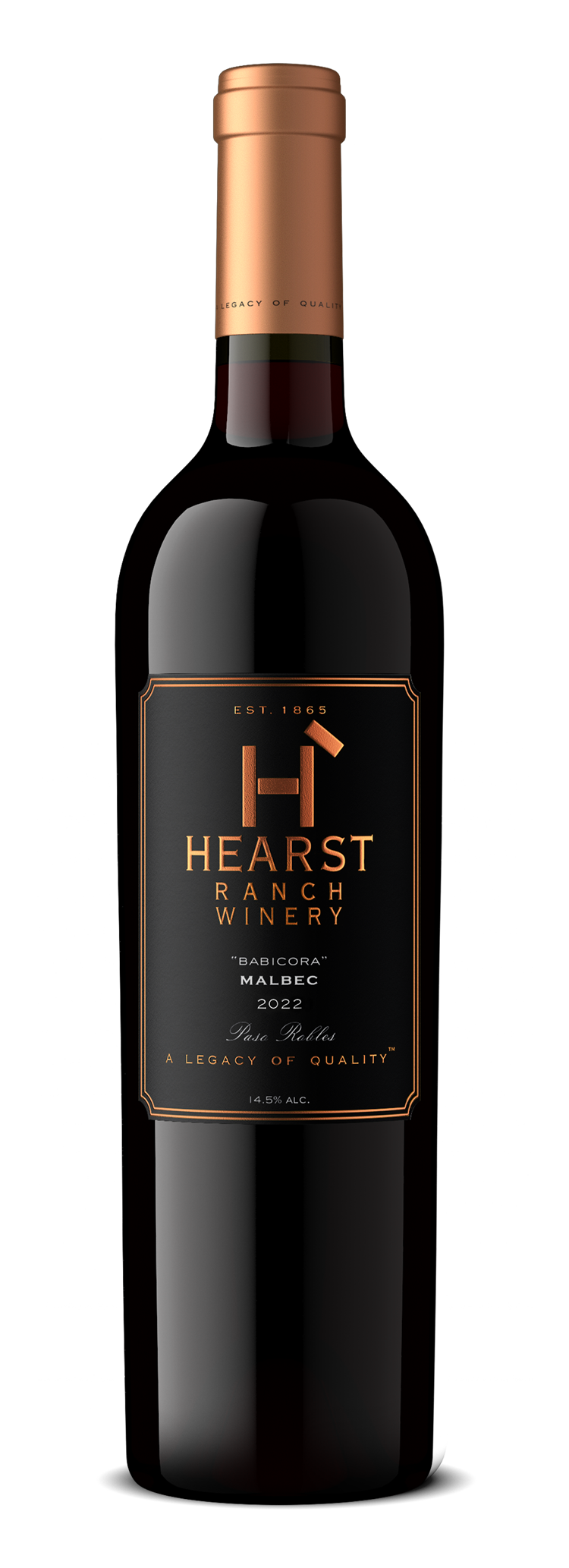 Dark wine bottle with copper label and cap, labeled “Hearts,” centered on a white background