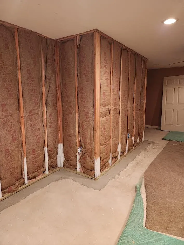 An unfinished room featuring wooden wall studs, fiberglass insulation, a concrete floor, and a closed door in the background.