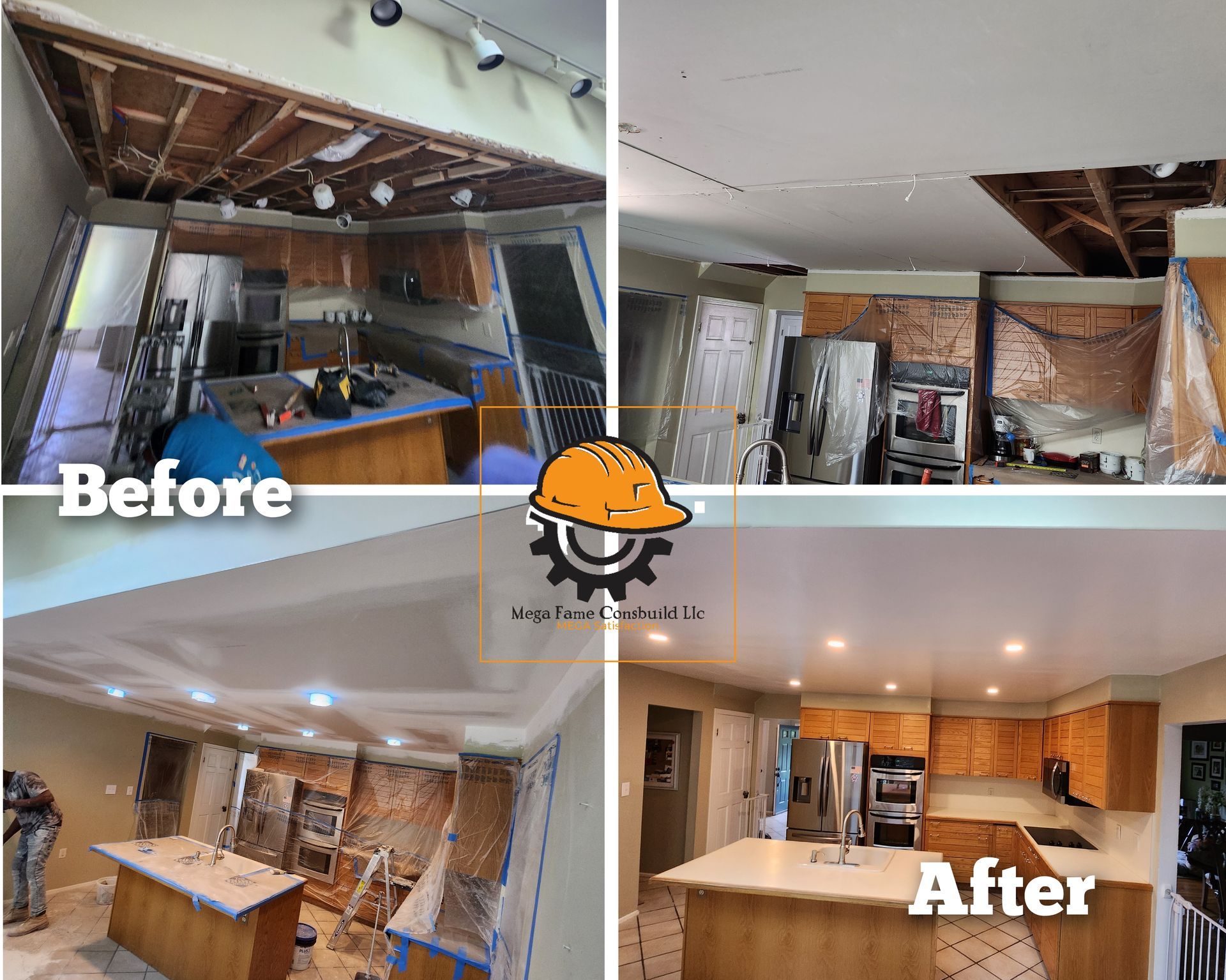 Before-and-after collage of a kitchen ceiling renovation with exposed beams and finished recessed lighting.
