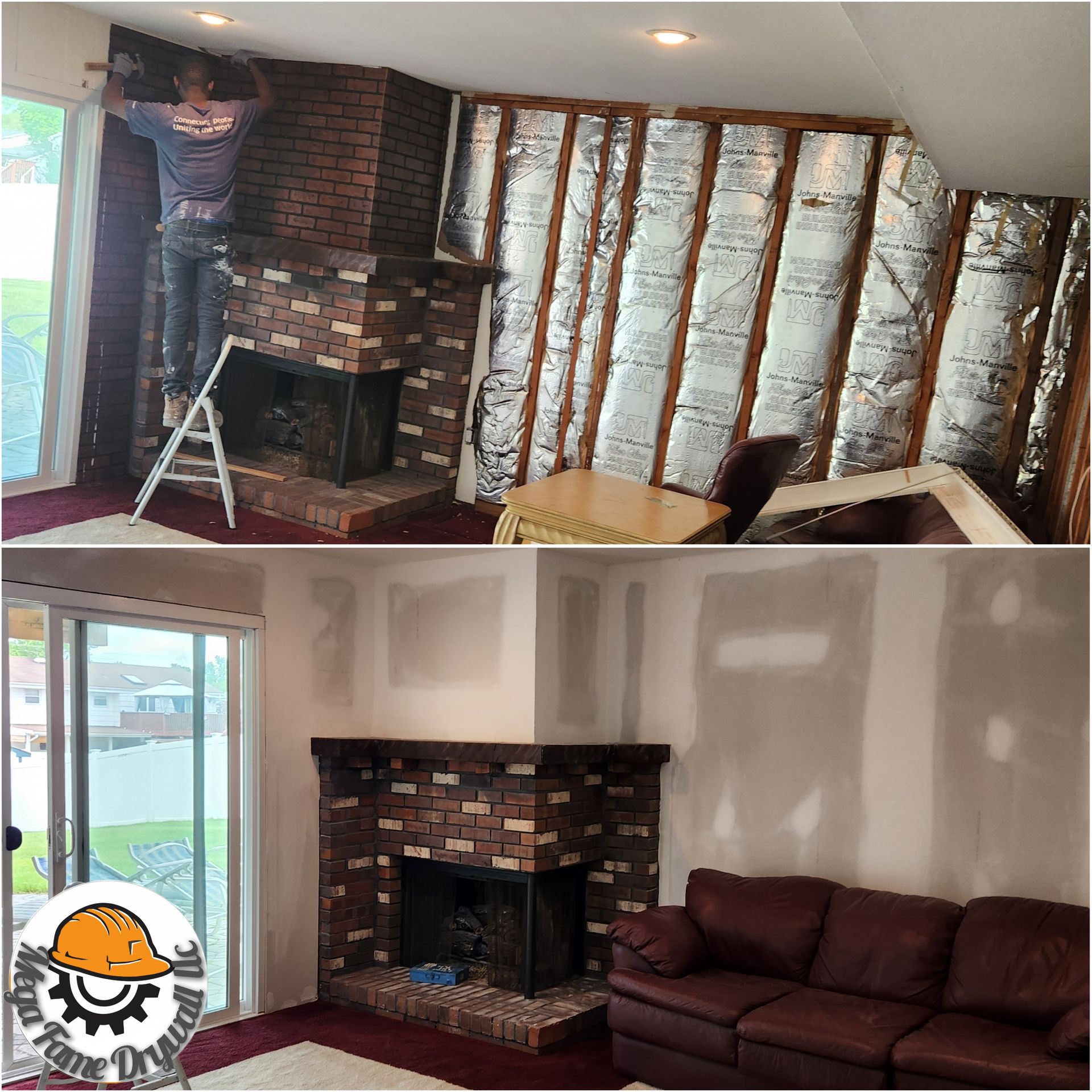 Before-and-after living room renovation with exposed insulation and a finished brick fireplace and sofa