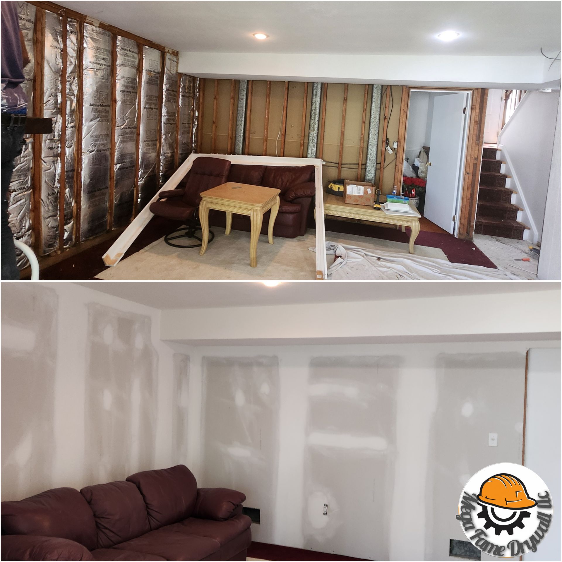 Before-and-after living room renovation: exposed studs upstairs, freshly painted white room downstairs.