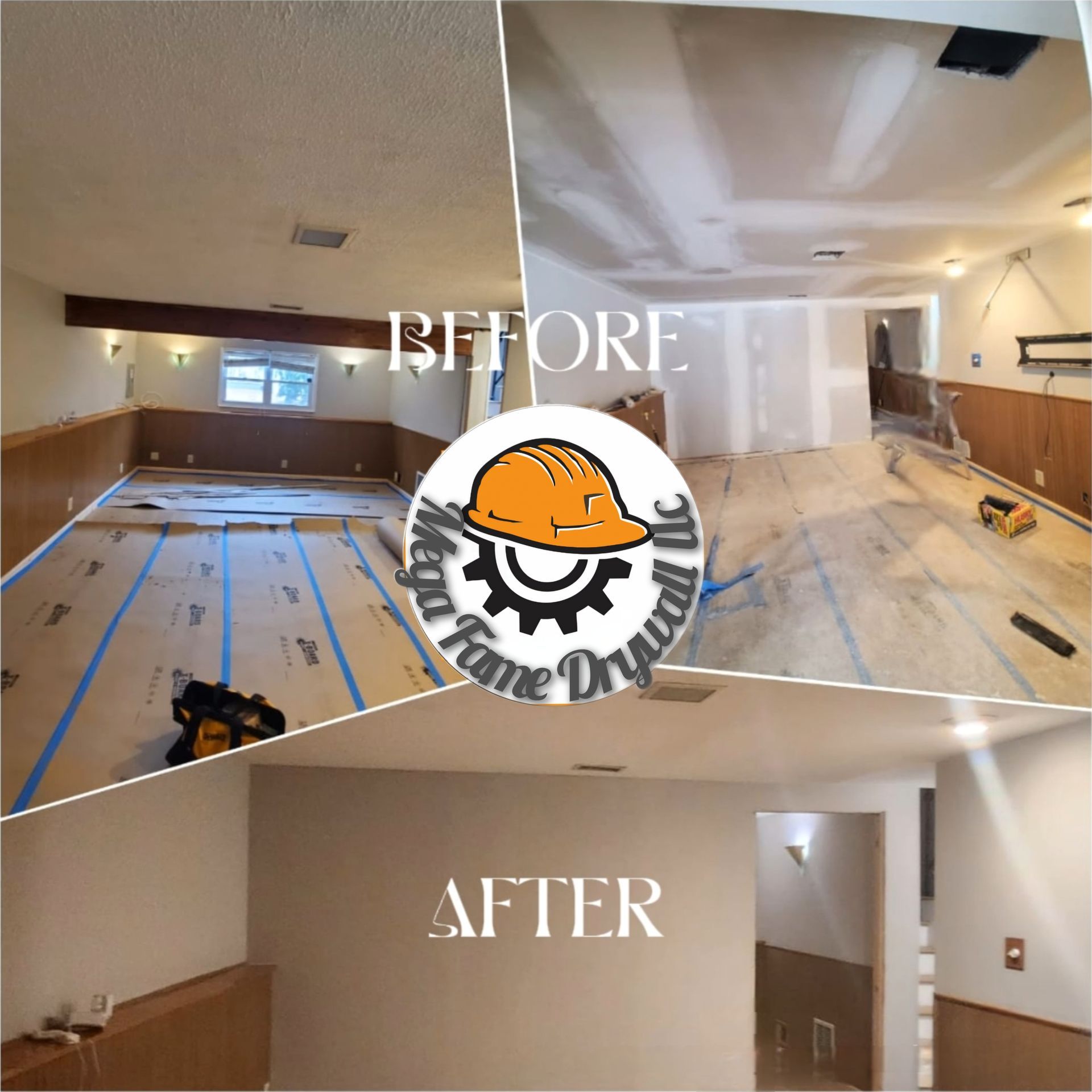 Before-and-after view of a renovated room with unfinished floors and a completed beige interior.