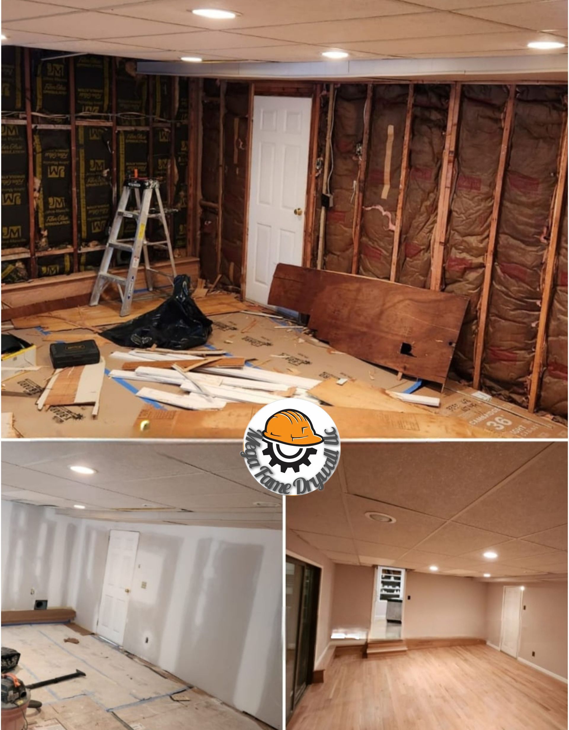Basement renovation with exposed wall studs, insulation, tools, and two finished room views.