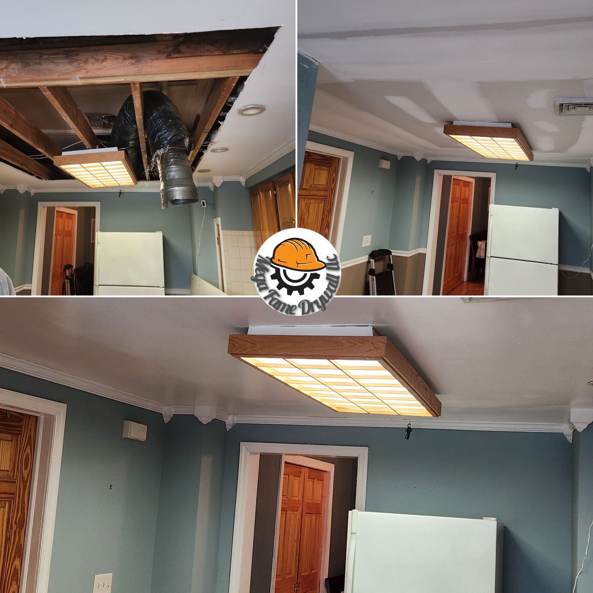 Before-and-after view of a damaged ceiling and ceiling fan in a room, showing repair work in progress.