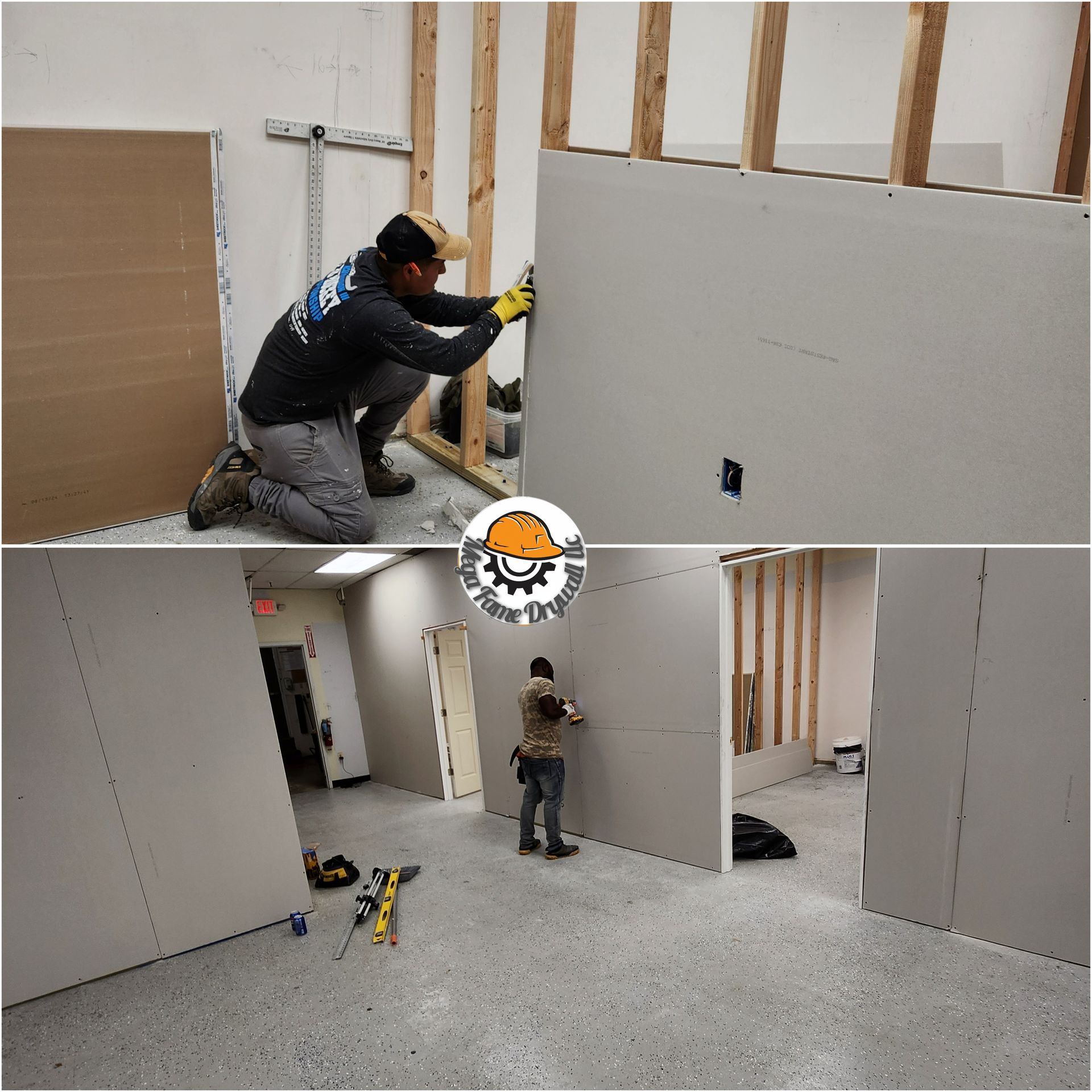 Workers installing drywall in an unfinished room, with tools on the floor and exposed framing visible.