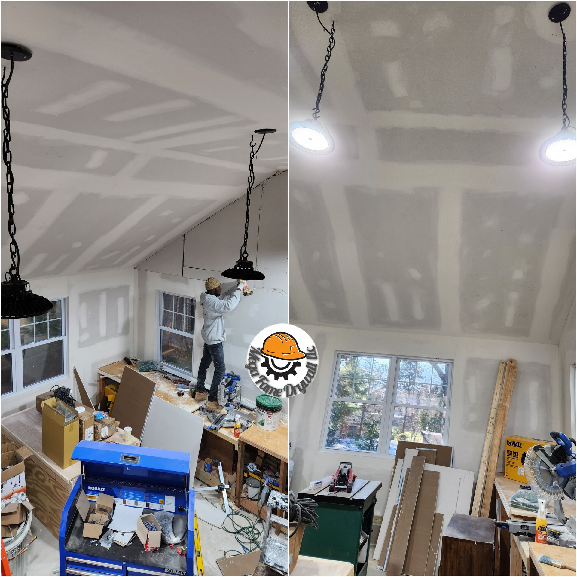 Split view of a drywall-renovation room with exposed seams, hanging lights, tools, and a worker on a ladder