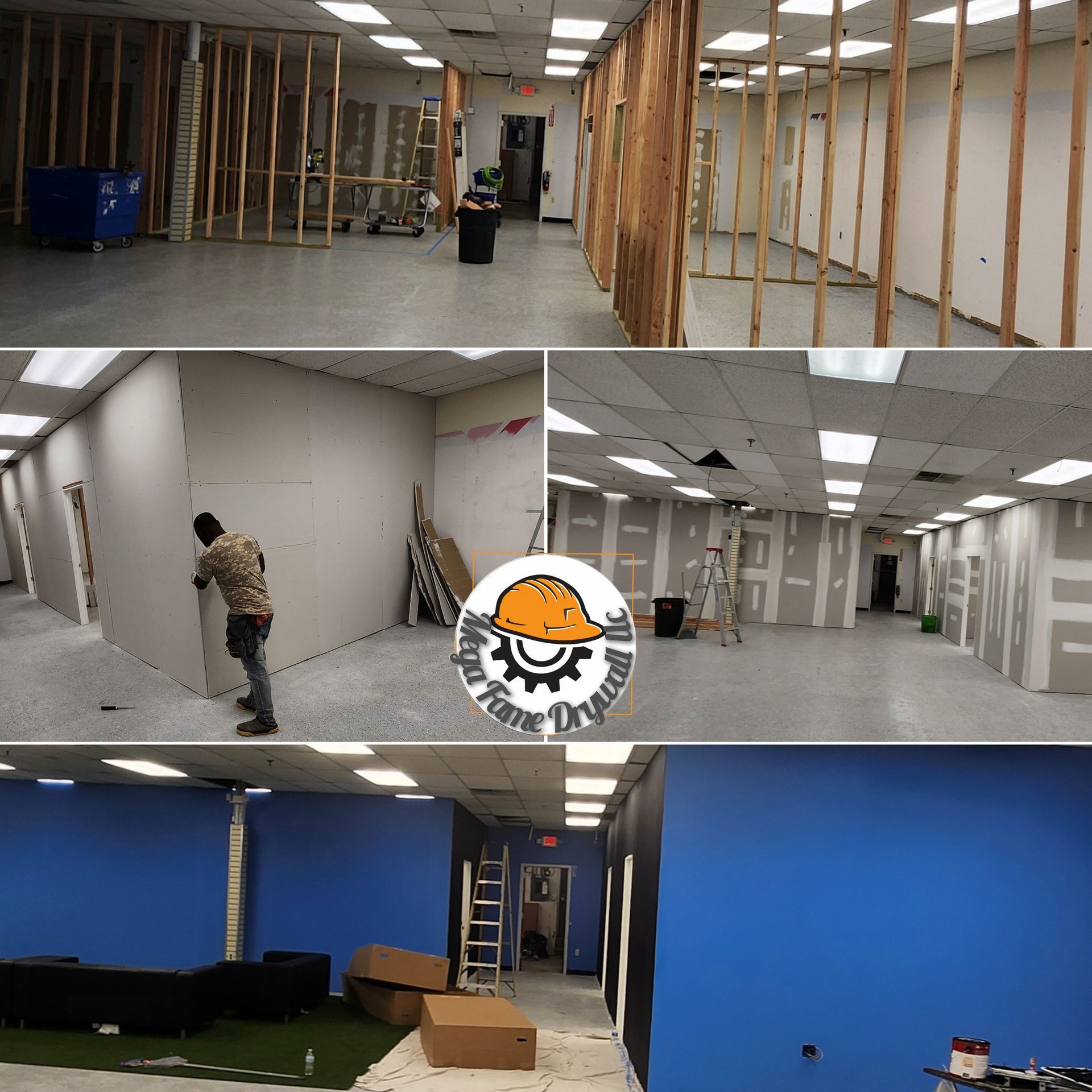 Construction in office space with exposed studs, blue walls, and workers installing interior walls.