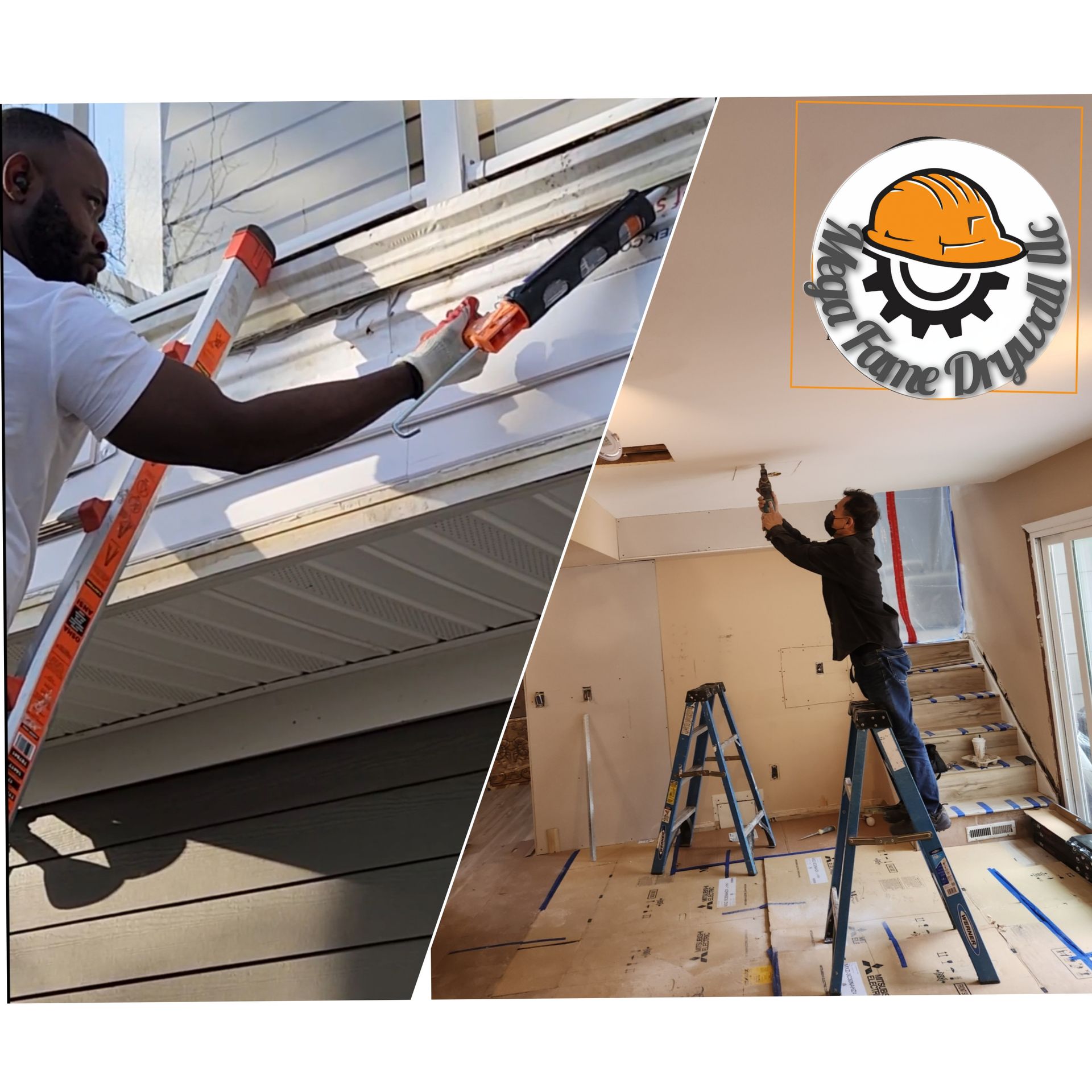 Workers installing siding and finishing drywall in a home renovation, with ladders and tools visible.