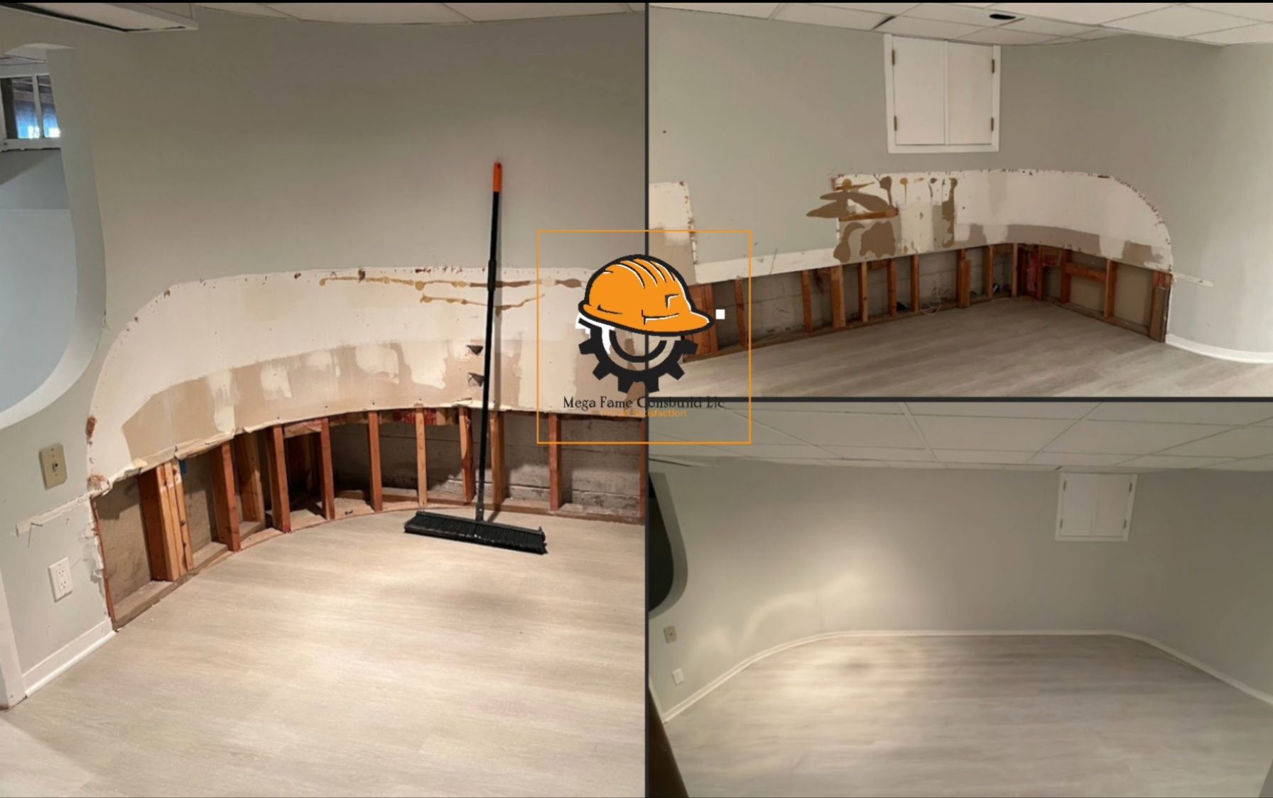 Empty room under renovation with exposed wall framing and a black broom standing in the center