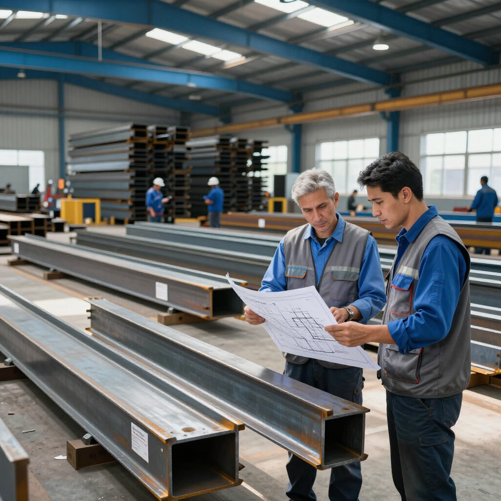 Dos trabajadores en un taller de fabricación de acero revisando planos junto a vigas metálicas apiladas.